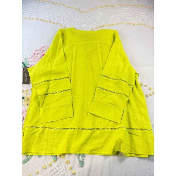 MULTIPLES‎ Womens Neon Yellow Linen Blend Button Front V-Neck Shirt Tunic Top 3X - Picture 3 of 10